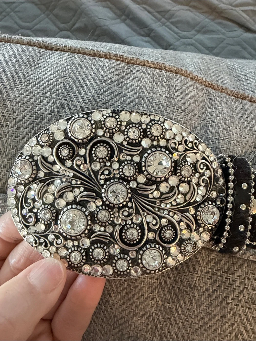 Nocona Western Black Leather Rhinestone Studded Belt M Ornate Crystal Buckle